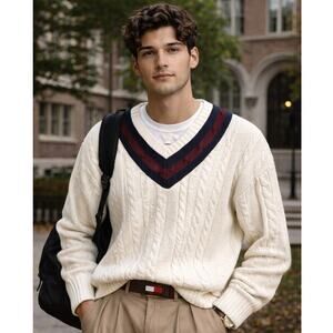 Vintage 90s Tommy Hilfiger Varsity Academia Cable Knit Sweater 100% Cotton Large